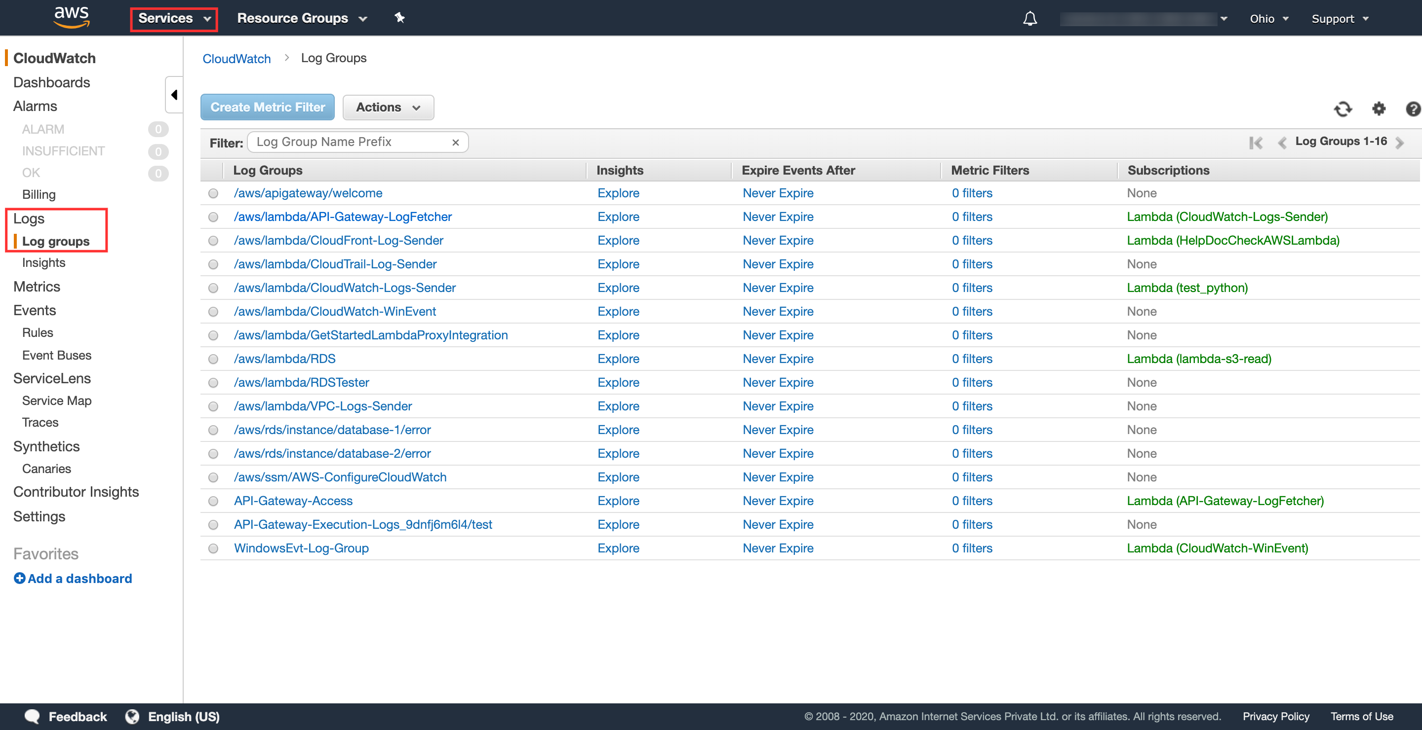 services-log-groups Finding the log group
