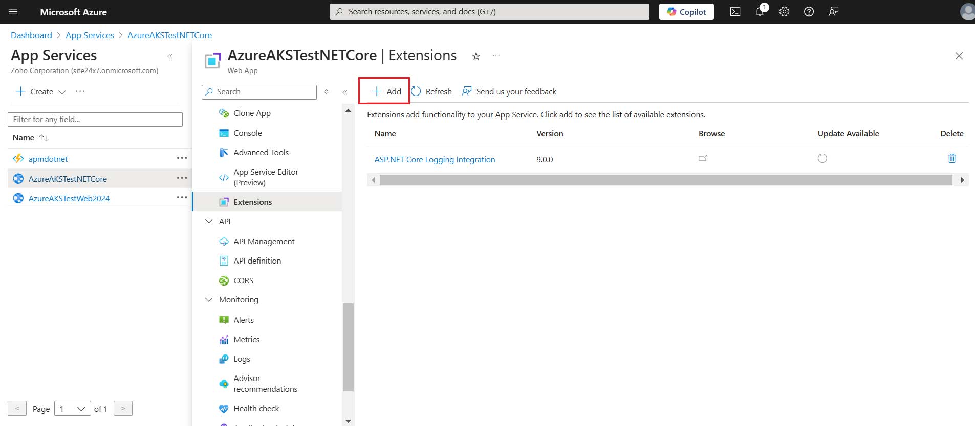 azure-ins-stepfour Extensions tab